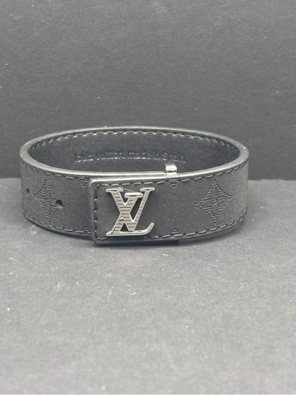 Louis Vuitton Slim Silver Monogram Leather Bracelet with Silver LV Buckle Unisex